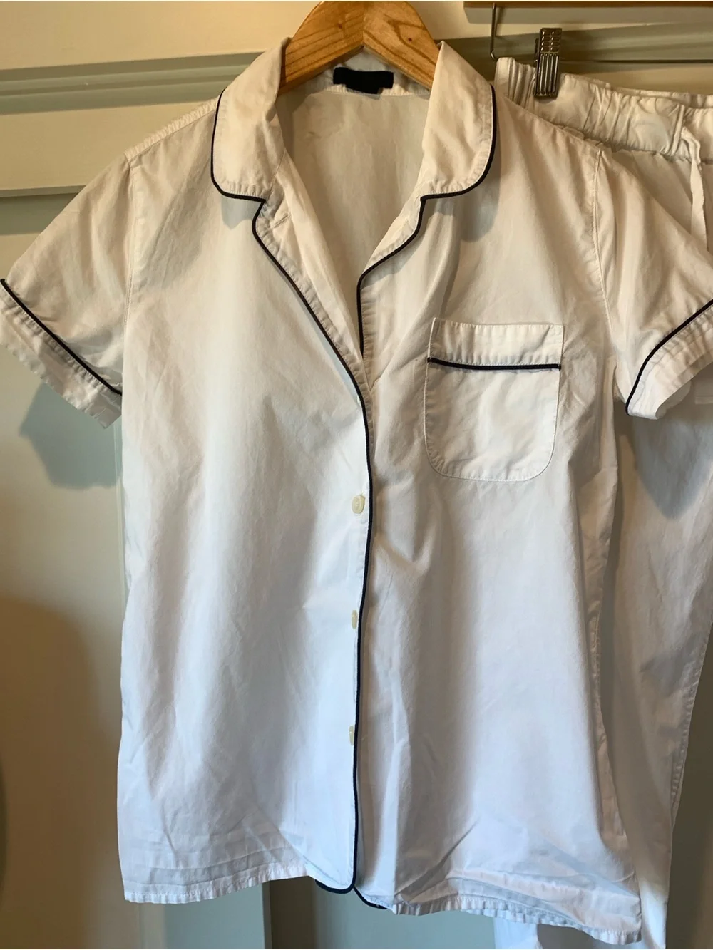 J. Crew White Cotton Pajama Set with Navy Piping